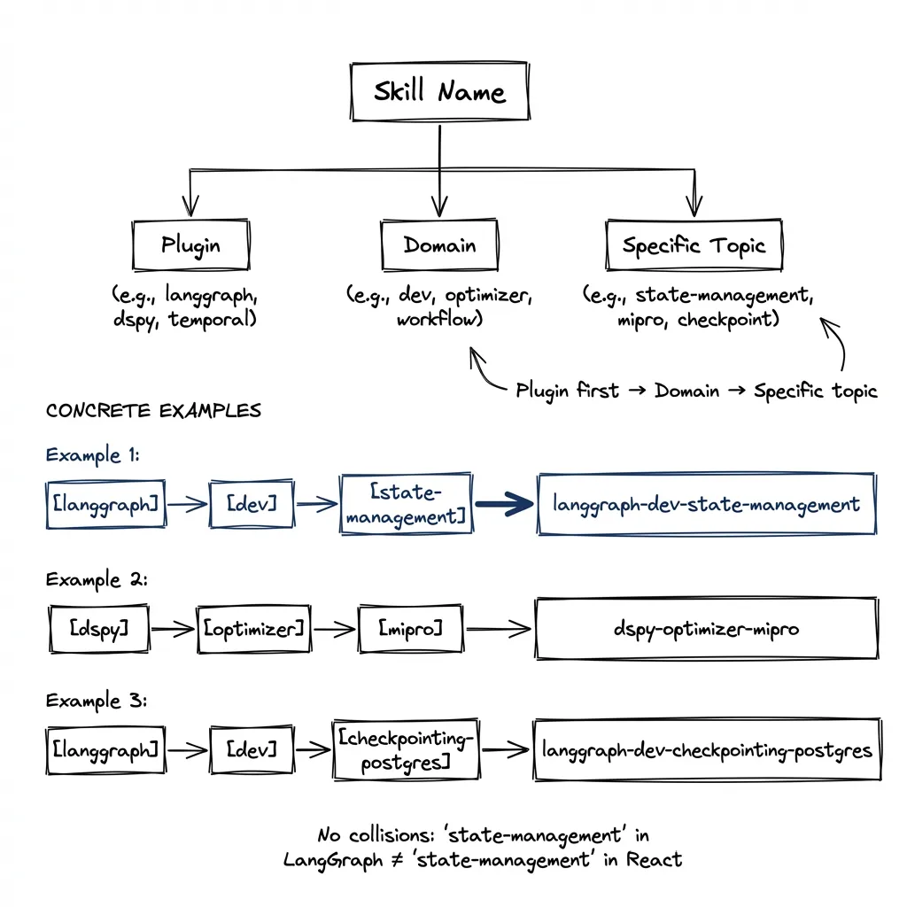 Namespacing Hierarchy: plugin-domain-topic naming prevents collisions while tiering separates basic from production variants with explicit handoffs