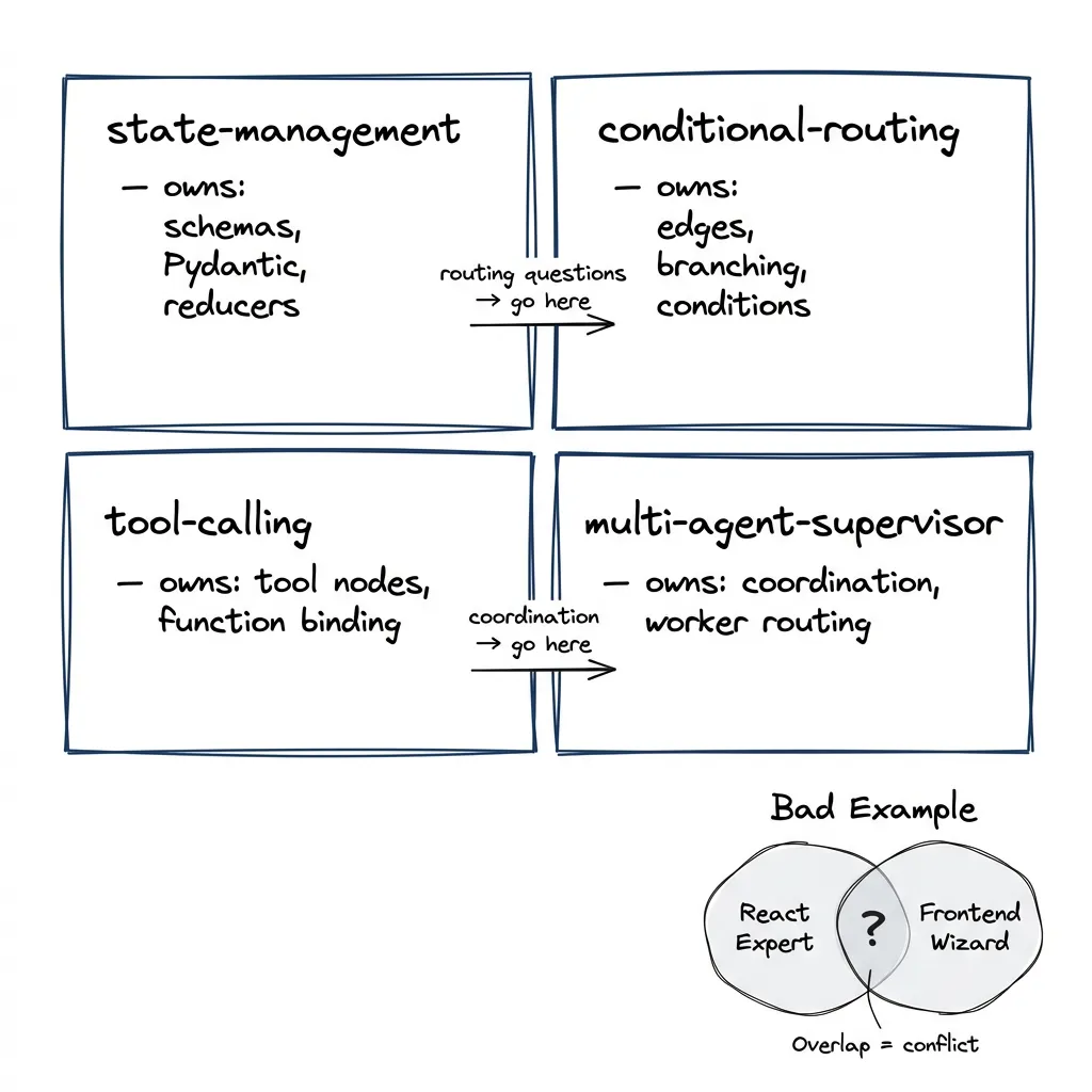 Skill Ownership Territories: each skill owns a distinct use case with no overlap — state management, routing, tool calling, and multi-agent coordination remain disjoint