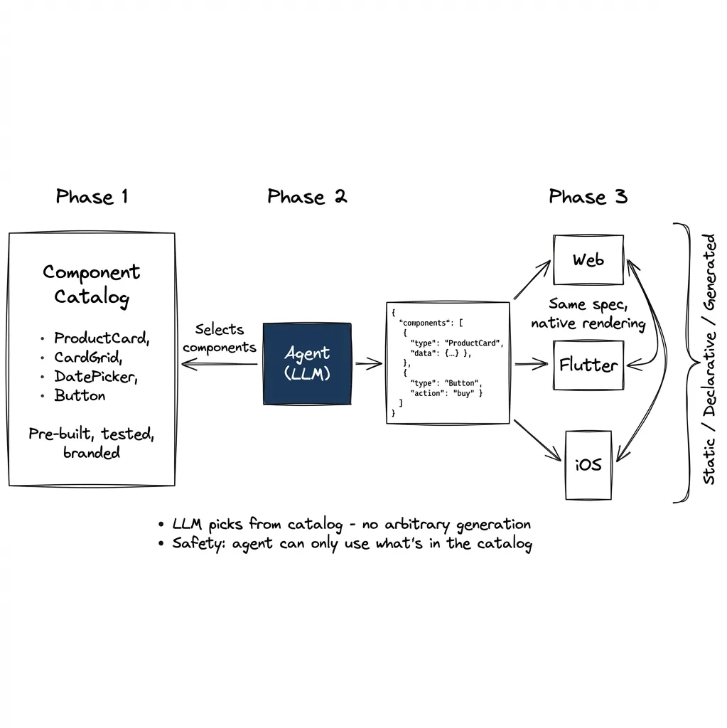 A2UI: Agent selects from component catalog, client renders natively