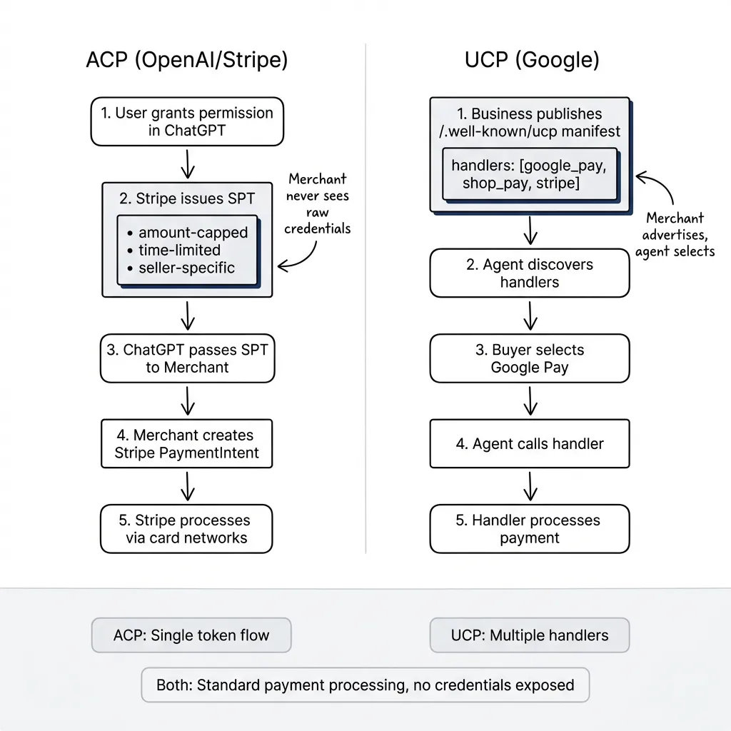 Commerce protocols: ACP token flow vs UCP handler discovery