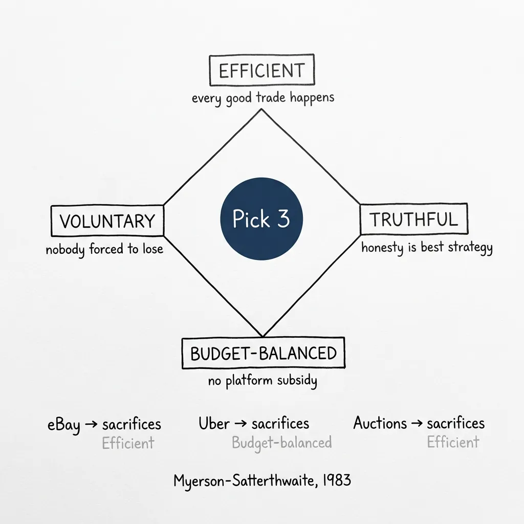 The impossibility theorem: efficient, truthful, voluntary, budget-balanced - pick three