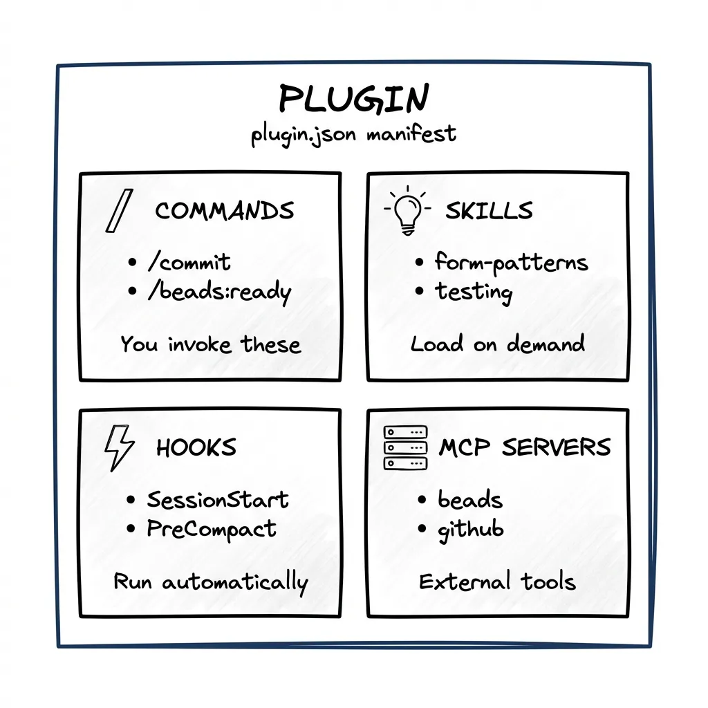 A plugin bundles commands, skills, hooks, and MCP server integrations