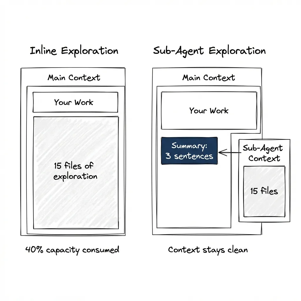 Inline exploration consumes 40% of context. Sub-agent exploration keeps main context clean — only the summary flows back.