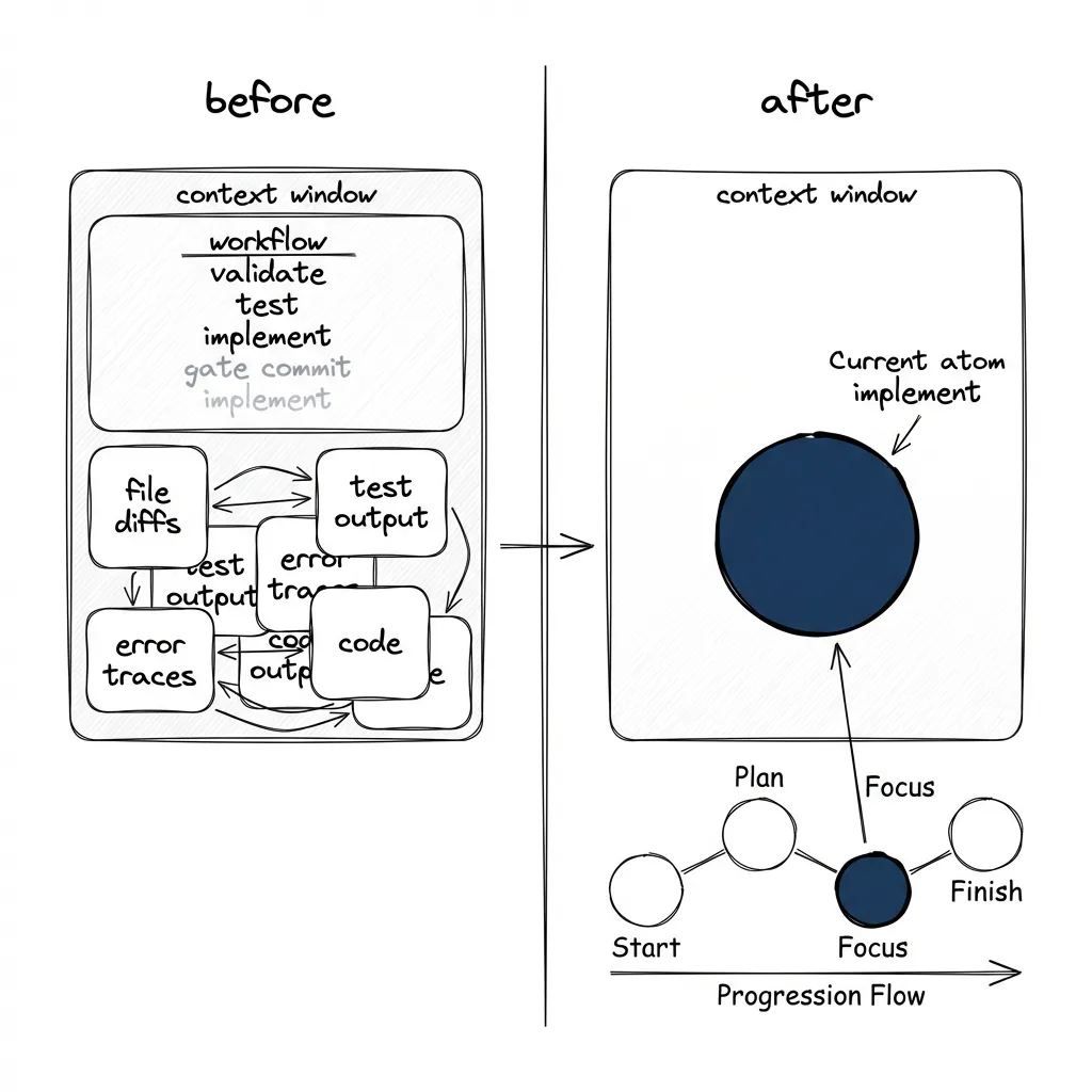 Before: everything crammed in one context window. After: procedure externalized to a dependency graph, agent loads one atom at a time