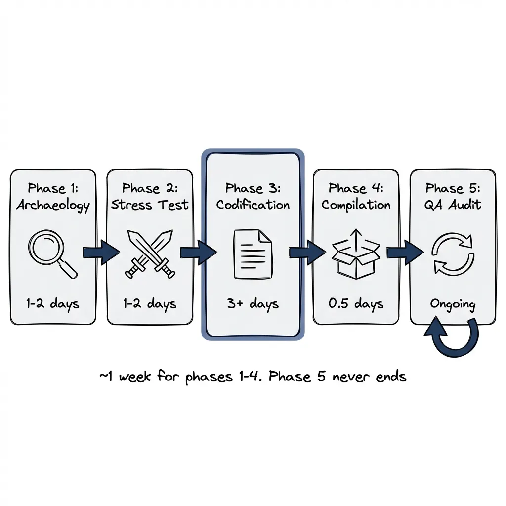 Building Claude Code custom commands: the five phases pipeline — archaeology, stress test, codification, compilation, QA audit