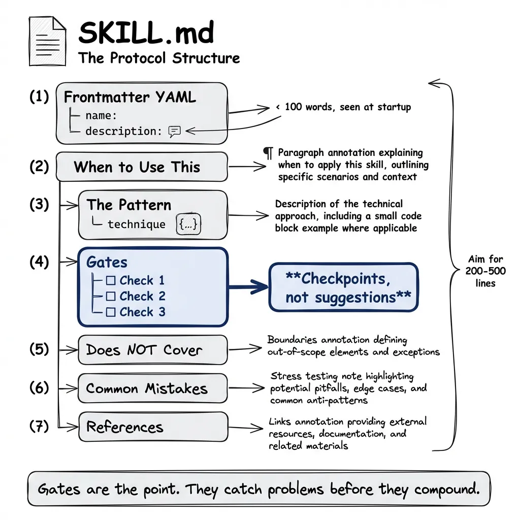 SKILL.md Structure: frontmatter with triggers and anti-triggers, then When to Use, The Pattern, Gates, Does NOT Cover, Common Mistakes, and References