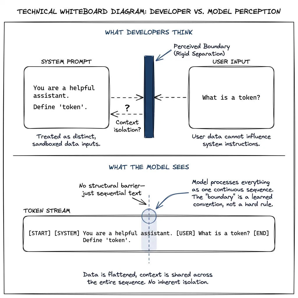 The Soft Boundary Problem. System message and user message appear separate, but in the model's context window, everything is tokens. Injected content in the system prompt has the same "authority weight" as legitimate instructions.