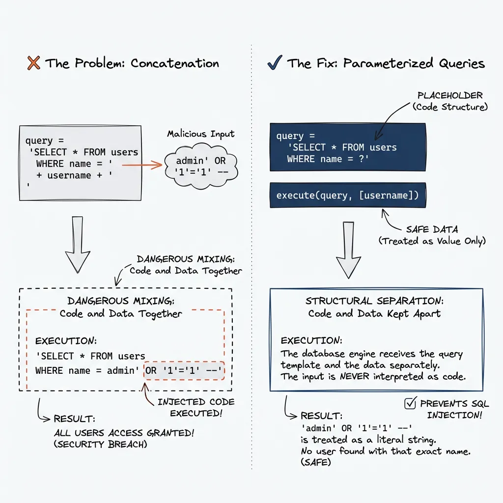 SQL Injection: The Problem and the Fix. Left side shows dangerous concatenation where user input mixes with SQL commands. Right side shows parameterized queries where data and commands are structurally separate.