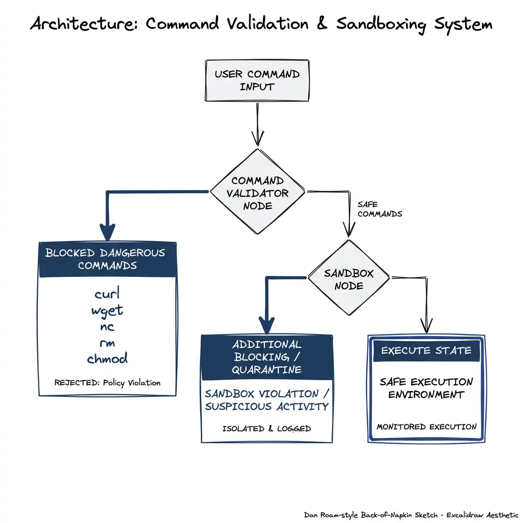 Bash validation flow: command request goes through validator which blocks network fetch (curl, wget, nc), destructive commands (rm -rf), and permission changes (chmod 777). Safe commands go to sandbox which checks filesystem and network rules, blocking violations and allowing only validated execution.