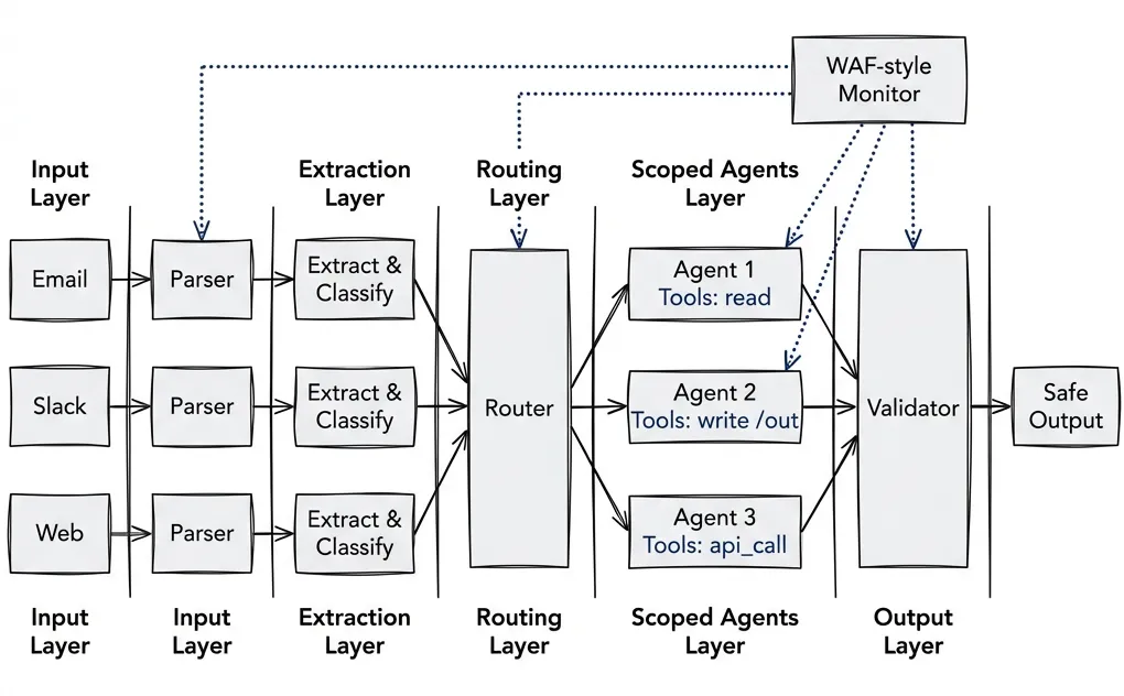 Full secure architecture: Input layer (email, Slack, web) feeds parsers; extraction layer classifies content; routing layer directs to scoped agents with minimal tools (read, write /out, api_call); output layer validates all responses; WAF-style monitor observes every stage.