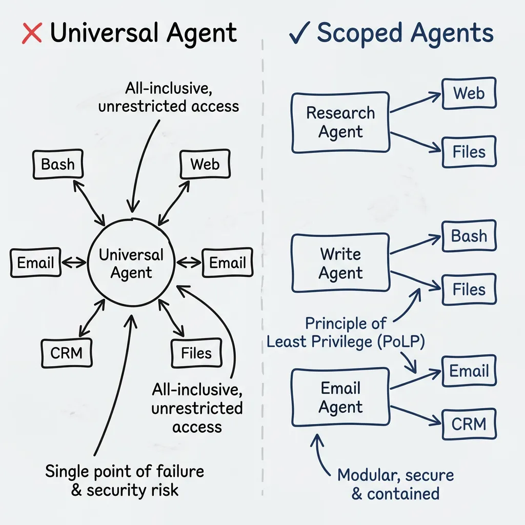 Least privilege: universal agent anti-pattern gives one agent access to all tools (bash, web, email, CRM, files); scoped agents pattern gives each agent only what it needs — research agent gets read-only, write agent gets /output only, email agent gets API-only access.