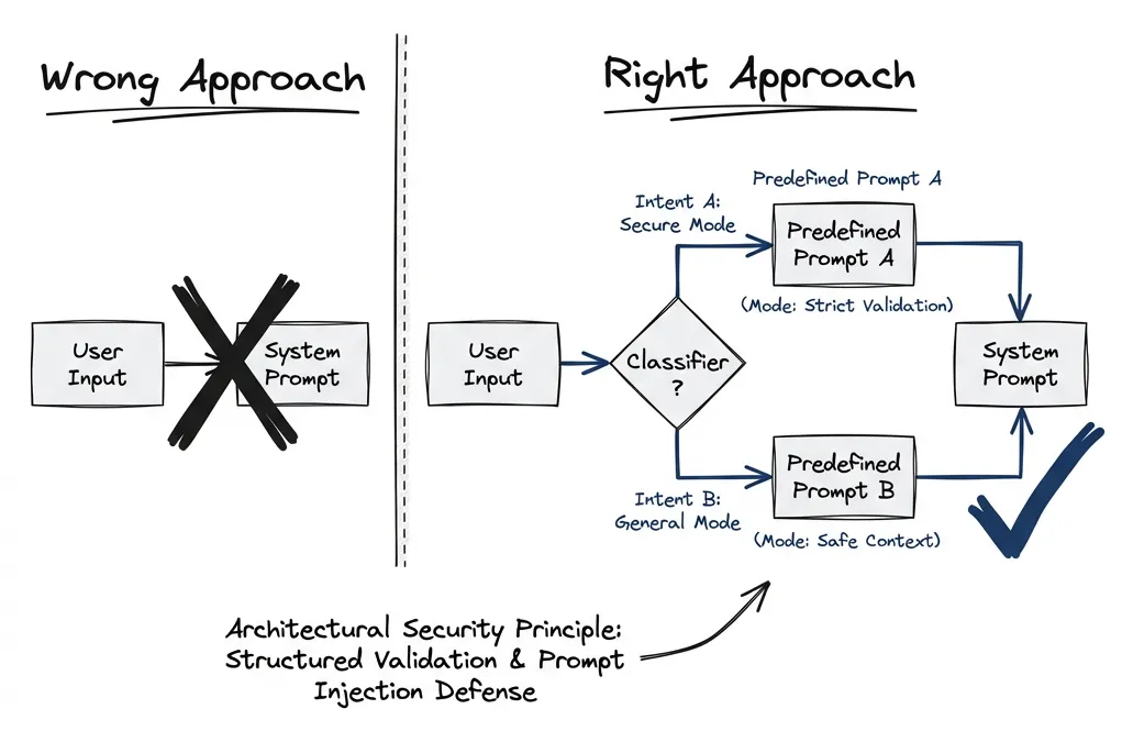 System prompt protection: wrong approach lets user input flow directly to system prompt; right approach uses a classifier to select from predefined prompts only.