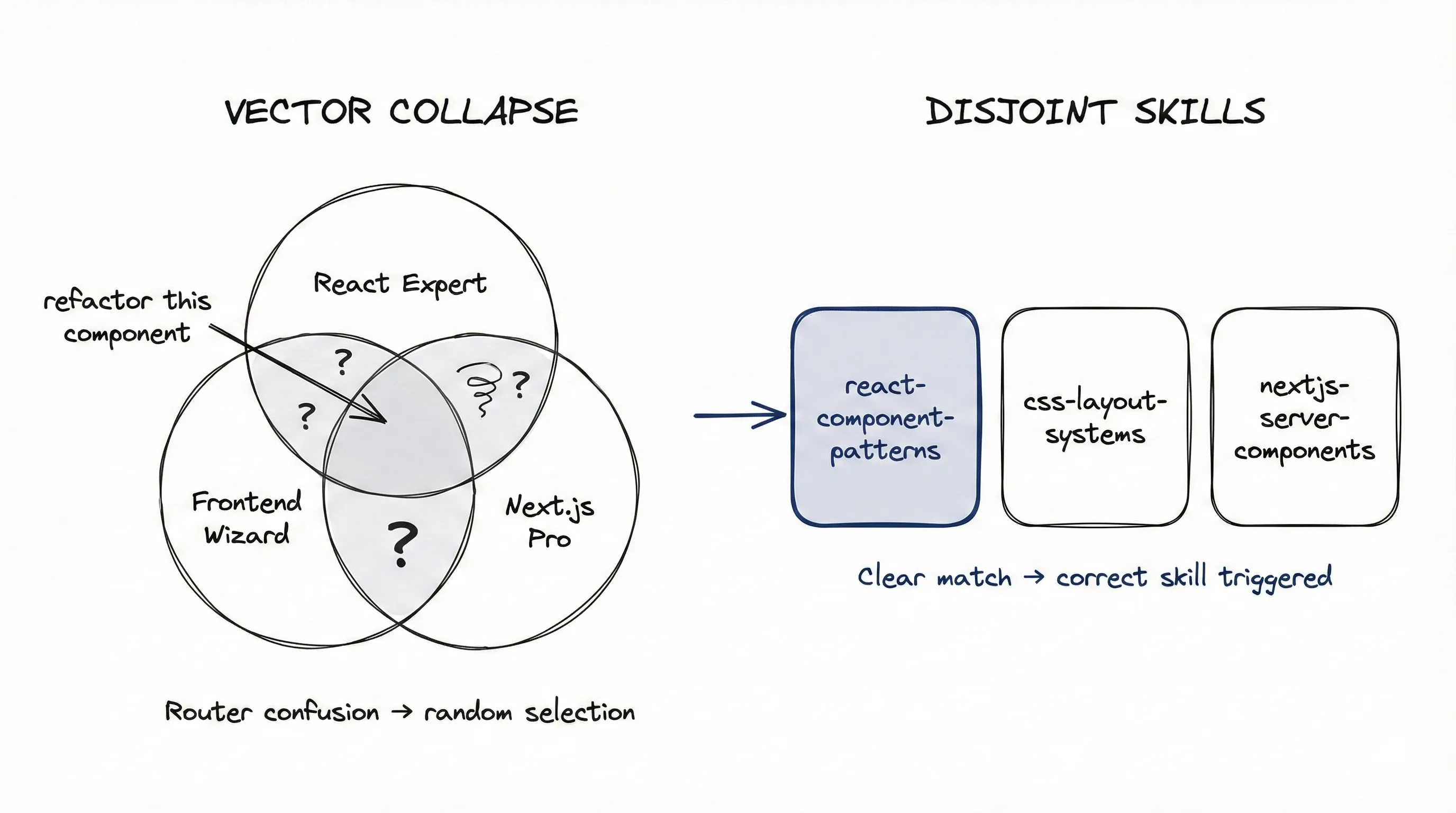 Vector Collapse: overlapping skill descriptions create indecision; disjoint skills with clear boundaries enable reliable routing